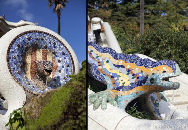 Snake and Dragon in the main stairs of Park Güell - Barcelona, Spain