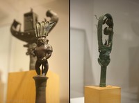 Ceremonial staff of the god Bes and sistrum in the Egyptian Museum of Barcelona, Spain