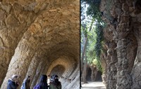 El pórtico de la Lavandera con columnas inclinadas en el parque Güell - Barcelona, España