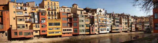 Panoramic view of the buildings along the Onyar river in Girona - Girona, Spain