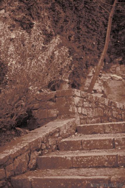 Staircase of the Archaeological Walk in infrared - Girona, Spain