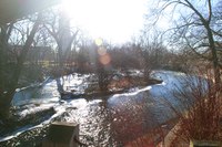 Isoletta accanto al ponte coperto nel Riverwalk - Naperville, Stati Uniti