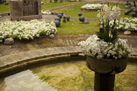 Fuente floral en el patio de la Catedral Santa María - Girona, España