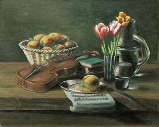 Still Life with Violin and Tulips Oil on Panel | 36x28 cm / 14x11 in